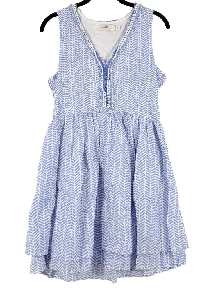 Vineyard Vines Bayside Blue Chevron Fringe Pintuck Dress Sleeveless Cotton XS