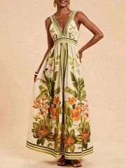 Tropical Floral Print V-Neck Maxi Dress Resort Vacation Elegance