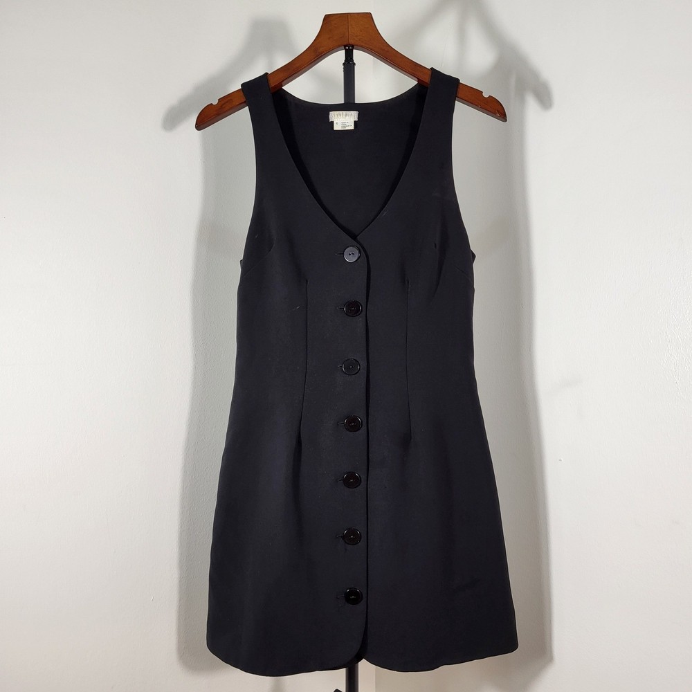 Cooperative Black Button Front Mini Dress Sleeveless V-Neck Cinch Back Size 4
