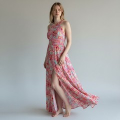 Abel The Label Tropical Floral Halter Summer Maxi Dress Smocked Large High Slit