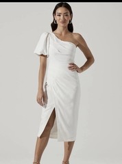 ASTR Joelle Women’s White One-Shoulder Ruched Midi Sheath Dress Puff Sleeve