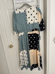 Lulus Patchwork Multicolor Midi Dress S V-Neck Ring Detail Fit & Flare