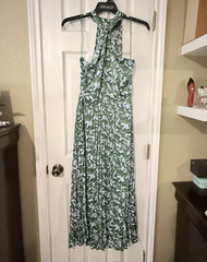 Scoop Abstract Halter Pleated Maxi Dress Green White Blue Sleeveless Size L