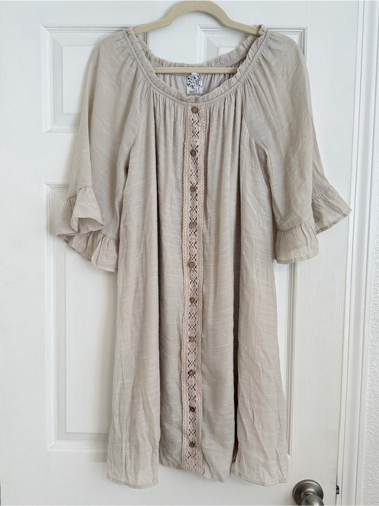 Naif Beige Boho Peasant Tunic Dress Crochet Lace Bell Sleeve Large