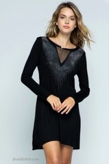 USA New VOCAL Womens BLACK CRYSTAL BLING MESH V NECK TUNIC DRESS S M L XL XMAS