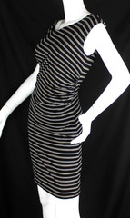 {ANN TAYLOR LOFT} Dress Sz. M Black & Beige Striped Ruched Stretch Lined