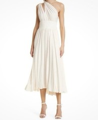 La Ligne Ivory Helena One Shoulder Midi Dress XL Bridal Grecian Bubble Hem Flowy