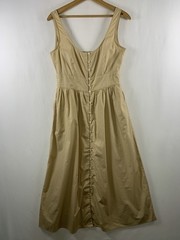 Womens Button Front Midi Dress Size 2 Tan Preppy Minimalist Euro Summer Cotton