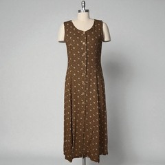Vintage Ka-Wa Brown & White Geometric Sleeveless Button Down Swing Dress M