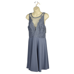 Grace Karin Deep V-Neck Illusion Neckline Blue Fit Flare Dress Size L {NWT}