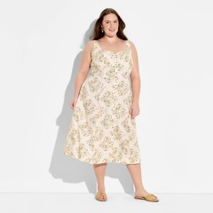 Women Button-Front Midi A-Line Dress – Wild Fable Light Yellow Floral XXL