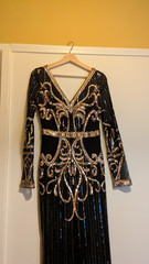 Goddiva Black Gold Sequin Maxi Fishtail Dress Flapper Gatsby 20&rsquo;s Style UK 8