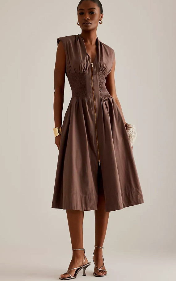 Anthropologie Maeve The Tommie Cap-Sleeve Smocked Zip Midi Shirt M UK 12/14