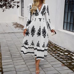 Elegant printed V-neck A-line dress for women