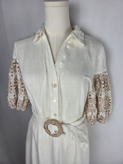 Solitaire Ivory & Beige Embroidered Maxi Dress Sz M Eyelet Sleeve Boho Prairie