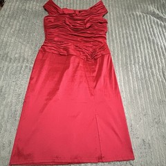 Tadashi Collection Red Satin Ruched Pleated Fit & Flare Midi Dress 16