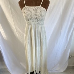 Roxy White Solid Smocked Embroidered Strappy Square Neck Maxi Dress, M