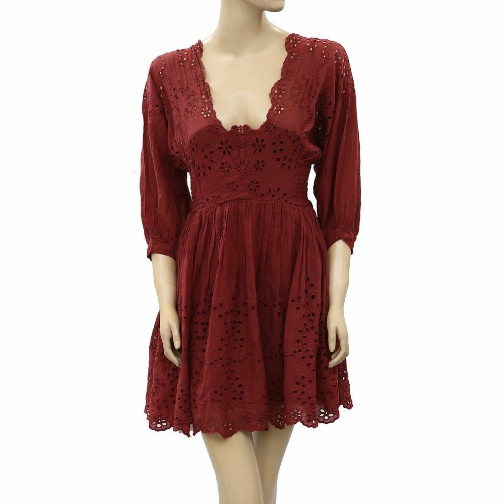 Free People FP One Lottie Shift Mini Dress Smocked Eyelet Embroidered XS 209744