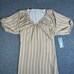 Worthington Womens XS Tan Striped V-Neck Puff Sleeve Tie-Waist Dress NWT