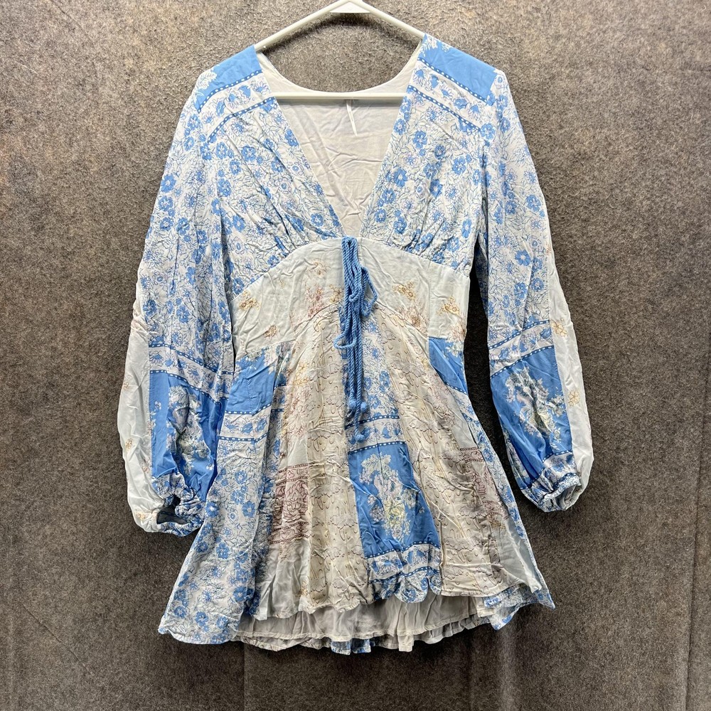 Free People Dress Womens Small Petite Blue Floral Boho V Neck Tassel Gold