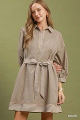 Umgee Striped Contrast Belted Puff Sleeve Mini Dress – Brown – Large
