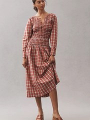 NWT Damson Madder Sienna Smocked Plaid Midi Dress