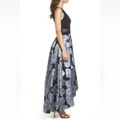 XSCAPE Black Blue Gray Floral Jacquard High Low Sheer Cut-Out Gown Dress 4 US