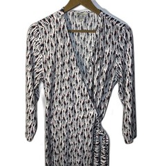 Bass Giraffe Wrap Midi Long Sleeve V-Neck Stretchy Ivory Blue Dress NWT Sz XL