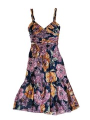 BCBG MAXAZRIA Purple Navy Orange Pink Floral Silk VNeck Ruffle Midi Dress Size 4