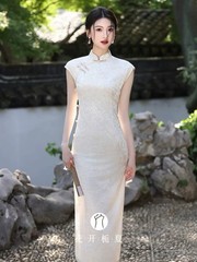 A33 2026 New Elegant Modern Chinese Style Qipao Dress Women’s Off-White Sleevele