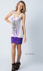 New VOCAL Womens PURPLE TIE DYE CRYSTAL FLEUR DE LIS TUNIC TANK DRESS S M L XL