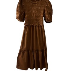 Moon River Women&rsquo;s Brown Solid Round Neck Smocked Puff Sleeve Midi Dress XS