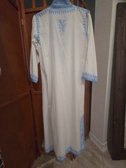 Neiman-Marcus Maxi White/Blue Moraccan Embroidered Kaftan Medium