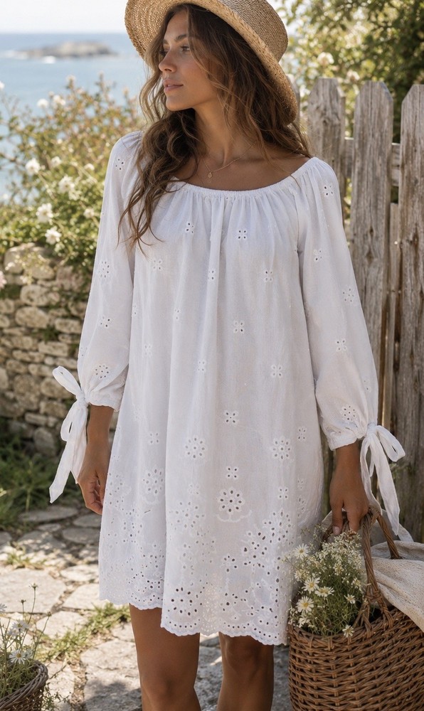 Valentina Naldi 100% Cotton Eyelet Made in Italy Coastal Boho Shirt Dress