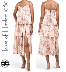 New House of Harlow Ponte-Bustier Lace-up-back Linen Blend Tiered Maxi Dress XS