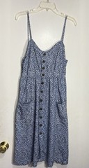 Blue/White Floral V-Neck Button Front Midi Sundress Smocked Pockets Size XL