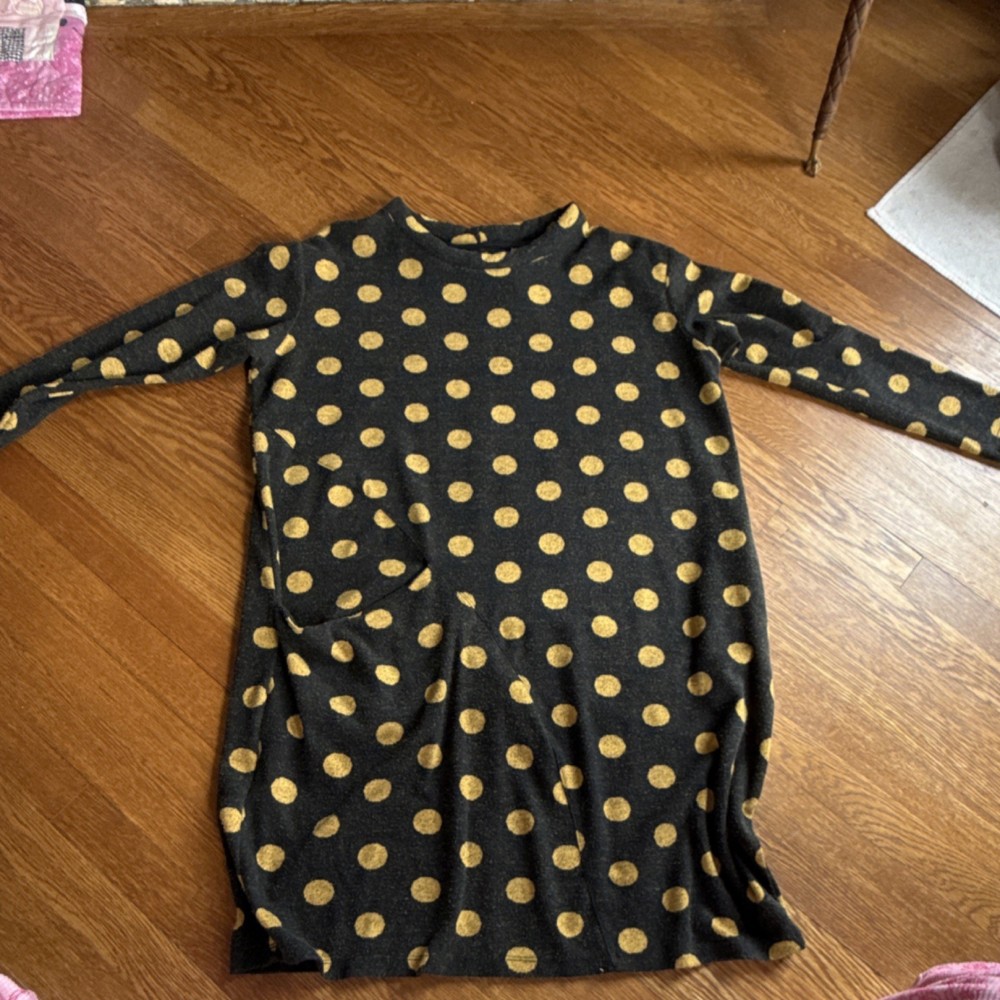 Gershon Bram Black Yellow Polka Dot Shift Long Sleeve Dress Size M