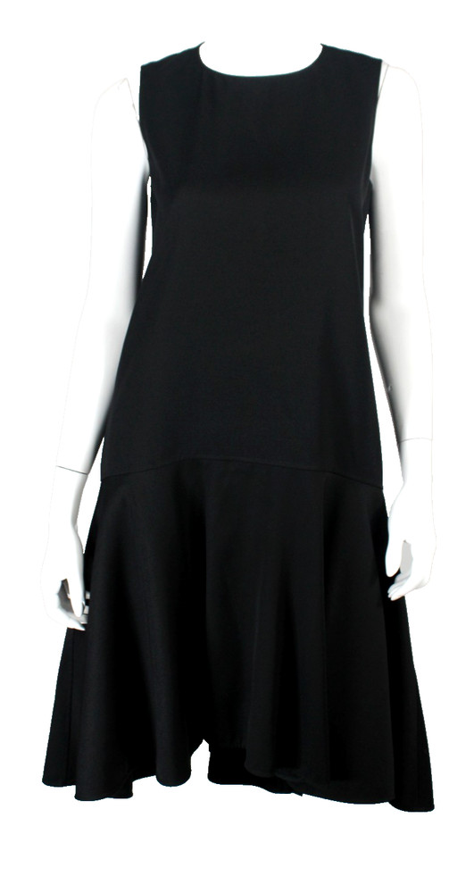 JIL SANDER $1,290 2021 Black Wool Gabardine Drop-Waist Trapeze Dress 36 NEW