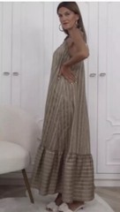 ZARA CAMEL THIN STRAPS METALLIC THREAD STRIPED DRESS WITH FLOUNCED HEM SIZE L
