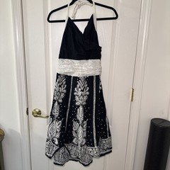 Cassee’s Sz L Black Cream Boho Dress Cotton Empire Waist Paisley Border Print
