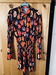 Black Flower Button Up Shirt Dress LARGE w/belt Hippie Flower Child
