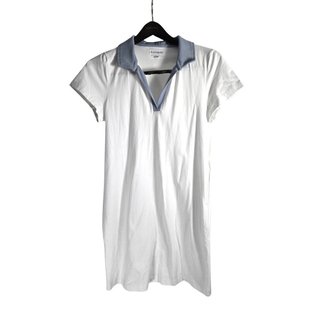 Navybleu Womens Small White Blue Contrast Collar Polo V-Neck Mini Dress S
