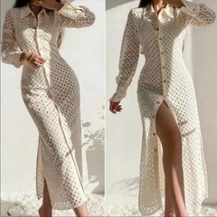 ZARA CREAM EMBROIDERED CUTWORK Long Sleeve Midi Dress size S 8 10 4786/109