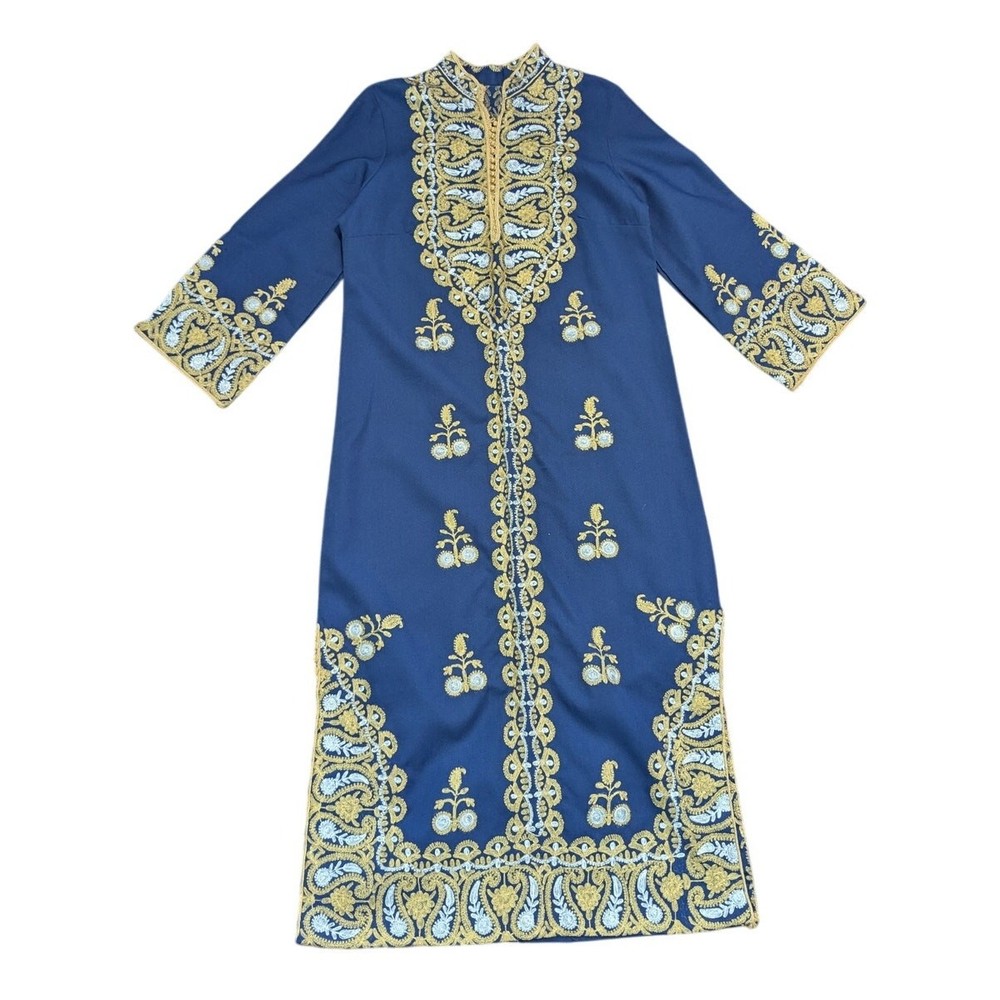 Blue and gold embroidered Middle Eastern Moroccan kaftan dress