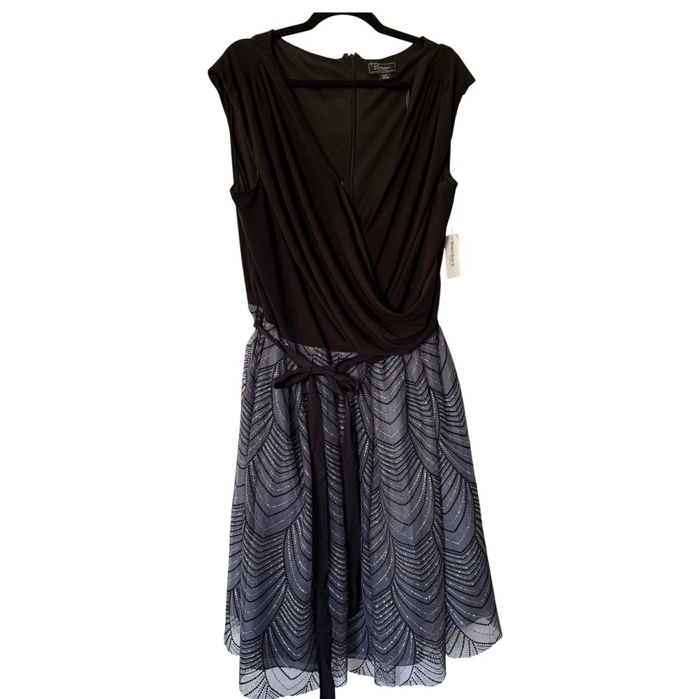 Dressbarn Collection 24W Black Grey Glitter Scallop Wrap Cocktail Dress