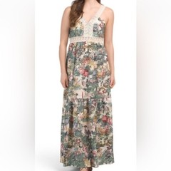 Saiph Floral Lace Trim Tiered Maxi Dress Women&rsquo;s L Linen Cotton Blend NWT