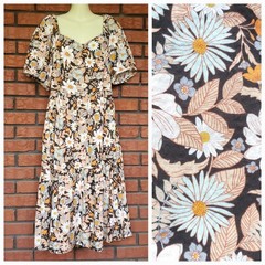 Floral Smocked Tiered Midi Dress XL Brown Puff Sleeve Cotton Blend a.n.a.
