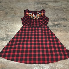ModCloth En Crème Buffalo Plaid Fit & Flare Embroidered Floral Bib Dress, Sz S