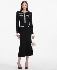 Self-Portrait Black Pearl Trim Knit Midi Dress