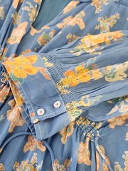 Free People Camella Blue Floral Peasant Mini Dress with Puff Sleeves Size XL